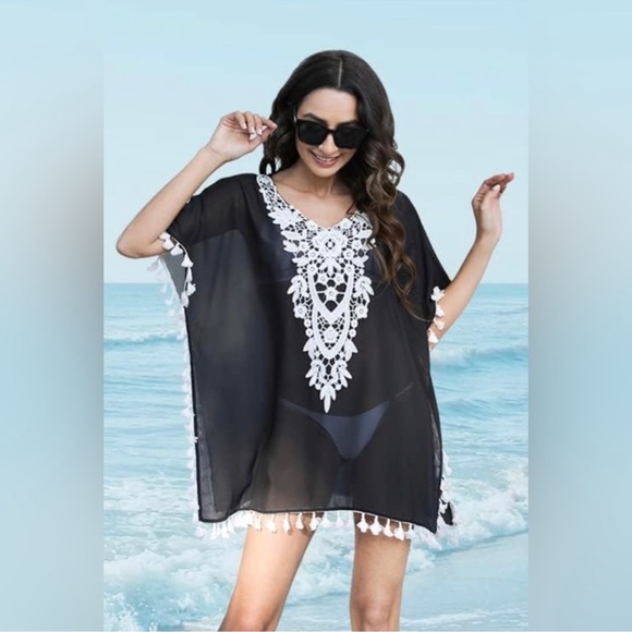 CPOKRTWSO Women’s Crochet Chiffon Tassel Swimsuit Beach Bikini Cover Up 2XL - Picture 4 of 8
